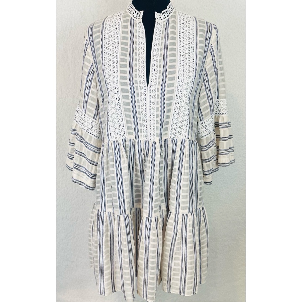 SANDRO • Ecru/White/Navy Stephanie Stripe Boho Lace-Trim Tiered Mini Dress, S - Picture 9 of 16